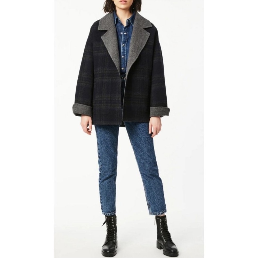 BERNADO Women’s Reversible Handmade Navy Plaid / Grey Coat SZ L Wool Blend
